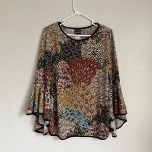 Y2K Coco Bianco Womens L Bell Sleeve Paisley Peacock Print Blouse Artsy Boho L
